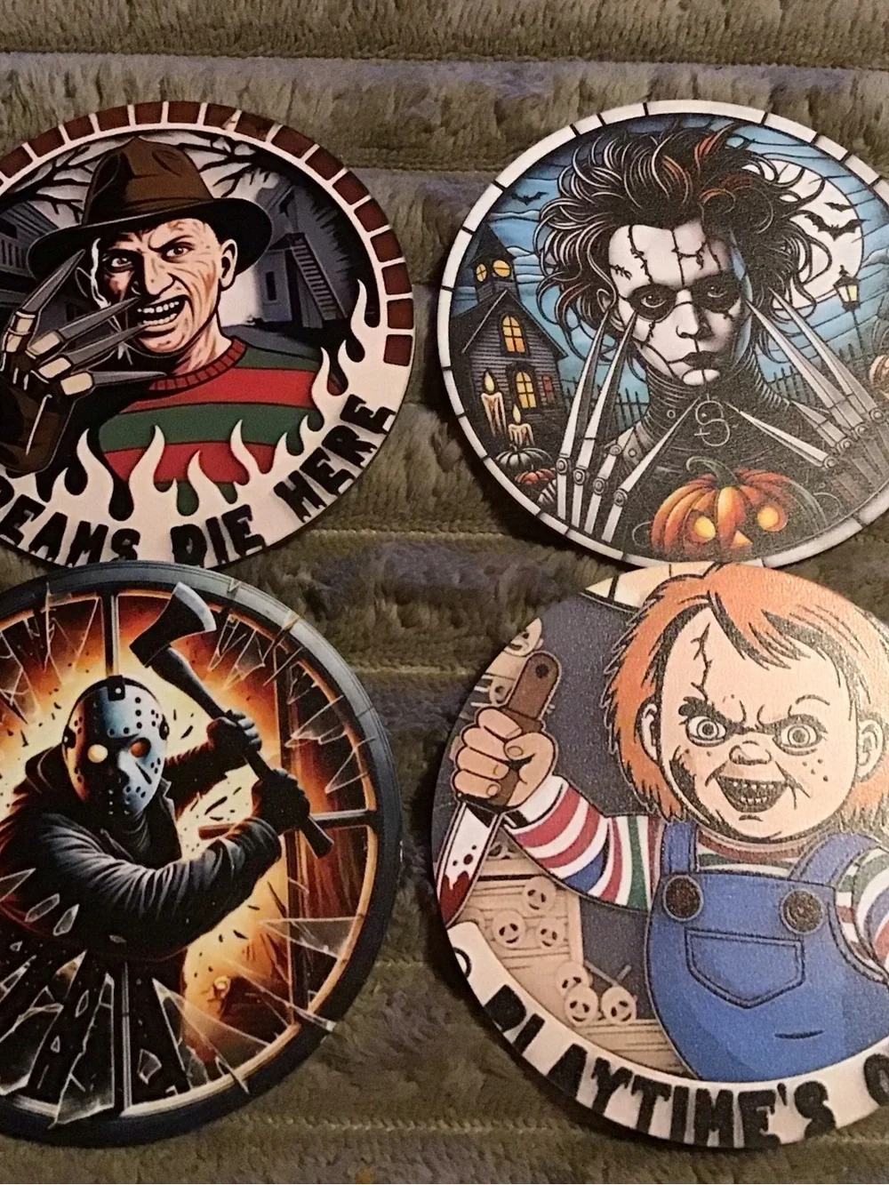 Horror Movie Character Coaster Set — Freddy, Beetlejuice, Jason, Chucky